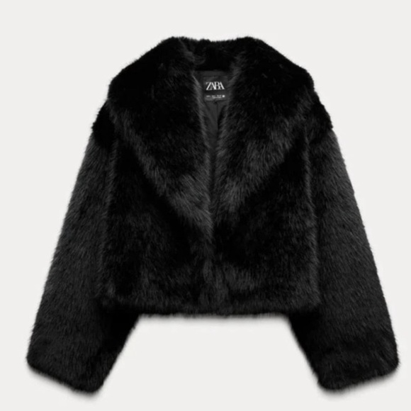 ZARA Black Faux Fur Cropped Coat Jacket NWT